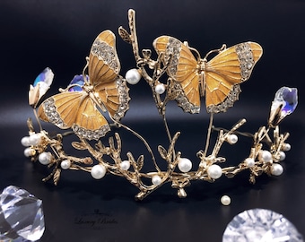 Kilshye Corona E Diadema Da Sposa Con Farfalle E Foglie Oro – Copricapo Con Strass Per Matrimonio E Festa - 3