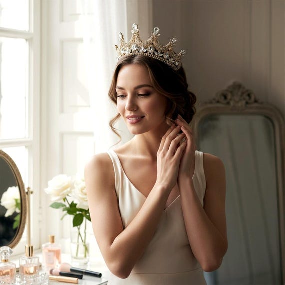 Crystal Wedding Gold Tiara, Rhinestone Queen Crown - Etsy display picture 3