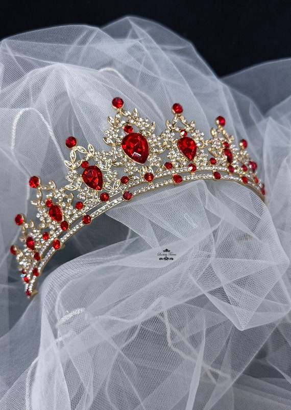 Gold Bridal Tiara, Rhinestone Crystal and Red Stone Wedding  display picture 3
