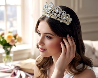 Tiara de casamento de cristal, coroa de noiva dourada, tiara de princesa com strass.
