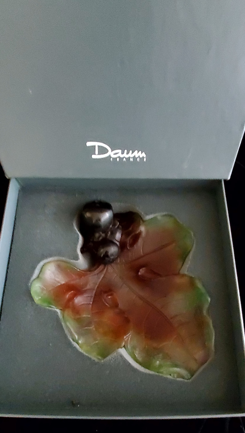 May include: A Daum France glass sculpture of a leaf and berries in a gray box. The leaf is a mix of green, orange, and red. The berries are dark gray. The box has the Daum France logo in white.