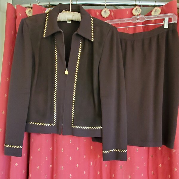 Unique vintage St. John Suit in rich chocolate brown knit and suede trimmed in gold