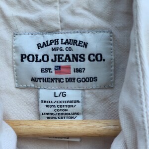 May include: A white label with black text that reads "Ralph Lauren Mfg. Co. Polo Jeans Co. Est. 1967 Authentic Dry Goods" and "L/G Shell/Exterieur: 100% Cotton/Coton Lining/Doublure: 100% Cotton/"