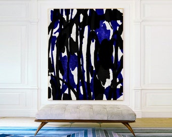 Handmade Blue black and White abstract flower oil Painting On Canvas , Minimalist Abstract Art , Large Wall Art - MODERNISMARTSTUDIO