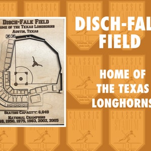 May include: A wooden plaque with a detailed illustration of a baseball field, labeled "Disch-Falk Field, Home of the Texas Longhorns, Austin, Texas". The plaque also includes the seating capacity, 6,649, and a list of years the team won national championships: 1949, 1950, 1975, 1983, 2002, 2005.