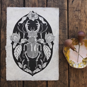 Stag Beetle Lucanus cervus Lino print, Linocut Print, original, handmade, Art Print, Animal Print, Wall Decoration, Floral, Print, black image 1