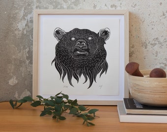 Grizzly Bär | Linoldruck, Linolschnitt, Original, Handgefertigt, Kunstdruck, Drucke, Grafik, Wanddekor, Tiermotiv, schwarz, 20 x 20 cm