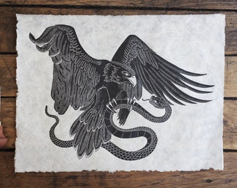 Eagle and Snake | Lino print, Linocut, original, handmade, Art Print, Print Graphics, Print, Wall Decoration, signed, black