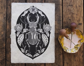 Stag Beetle „Lucanus cervus“ | Lino print, Linocut Print, original, handmade, Art Print, Animal Print, Wall Decoration, Floral, Print, black