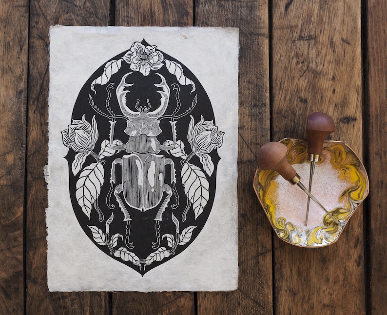 Stag Beetle Lucanus cervus Lino print, Linocut Print, original, handmade, Art Print, Animal Print, Wall Decoration, Floral, Print, black image 1