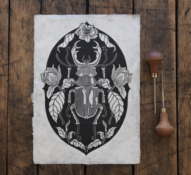 Stag Beetle Lucanus cervus Lino print, Linocut Print, original, handmade, Art Print, Animal Print, Wall Decoration, Floral, Print, black image 6