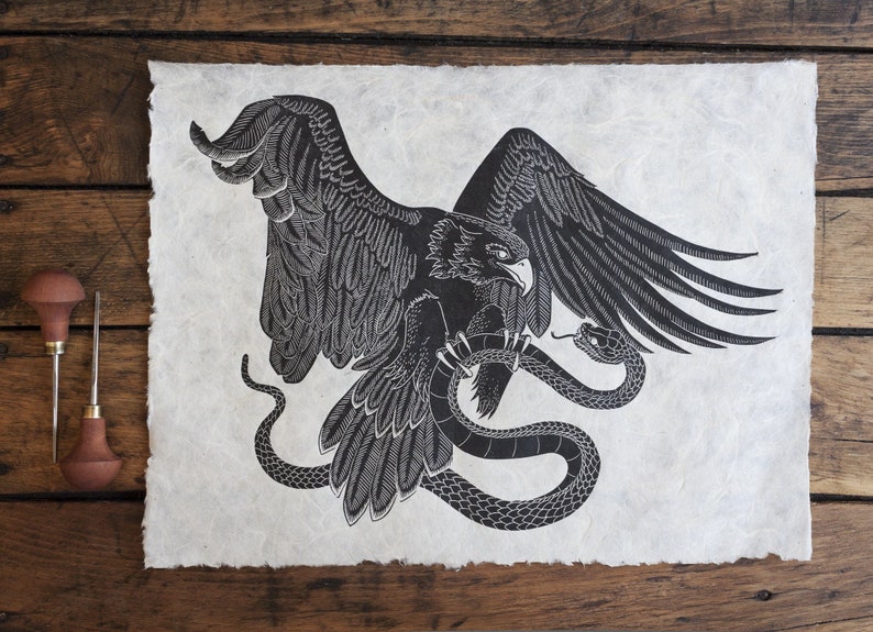 Print Art Print Print Graphics original handmade Eagle and Snake black Linocut signed Wall Decoration Lino print