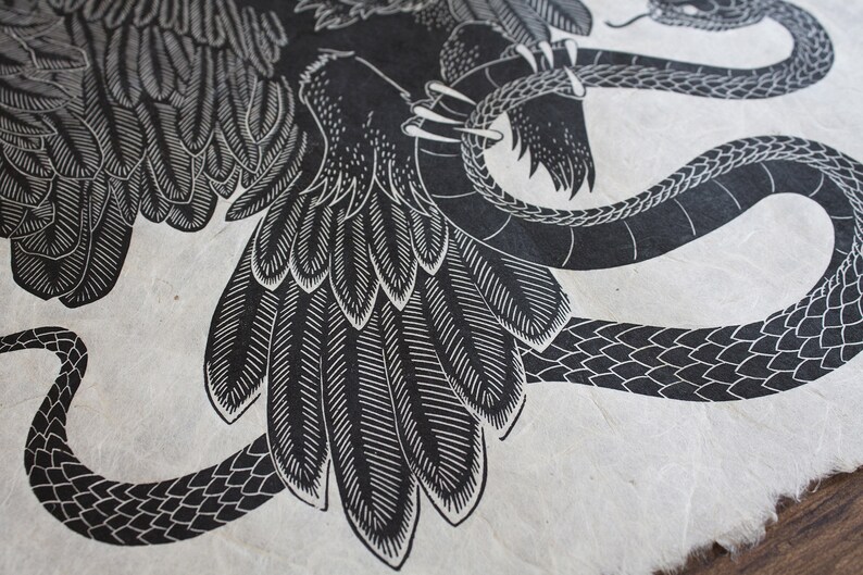 Print Art Print Print Graphics original handmade Eagle and Snake black Linocut signed Wall Decoration Lino print