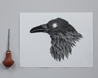 Raven, Crow | Handmade Linocut Print, Art Print, Relief printmaking, Animal Print, Wall Decoration, Fine Art, Bird, Wildlife