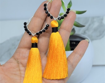 Wire wrapped crystal lotus hoop earrings, Black and mustard yellow silk tassel earrings,long statement fringe boho earrings,Best friend Gift