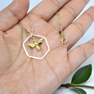 Gold Hexagon Necklace, Gold Bee charm Necklace, Geometric Necklace, Minimalist Layering Necklace,Spring summer jewelry Gift for best friend image 6