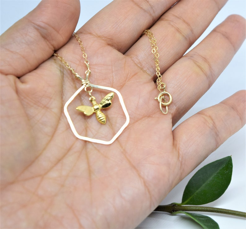 Gold Hexagon Necklace, Gold Bee charm Necklace, Geometric Necklace, Minimalist Layering Necklace,Spring summer jewelry Gift for best friend image 6