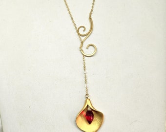 Minimalist Red Garnet Y Necklace, Dainty Gold Calla Lily, Long Lariat Necklace, flower necklace, January Birthstone, OOAK jewelry, Gift her