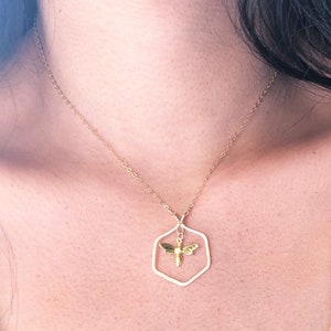 Gold Hexagon Necklace, Gold Bee charm Necklace, Geometric Necklace, Minimalist Layering Necklace,Spring summer jewelry Gift for best friend image 2