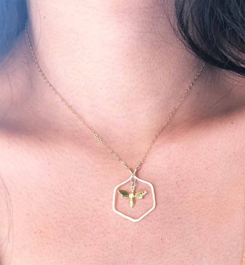 Gold Hexagon Necklace, Gold Bee charm Necklace, Geometric Necklace, Minimalist Layering Necklace,Spring summer jewelry Gift for best friend image 2