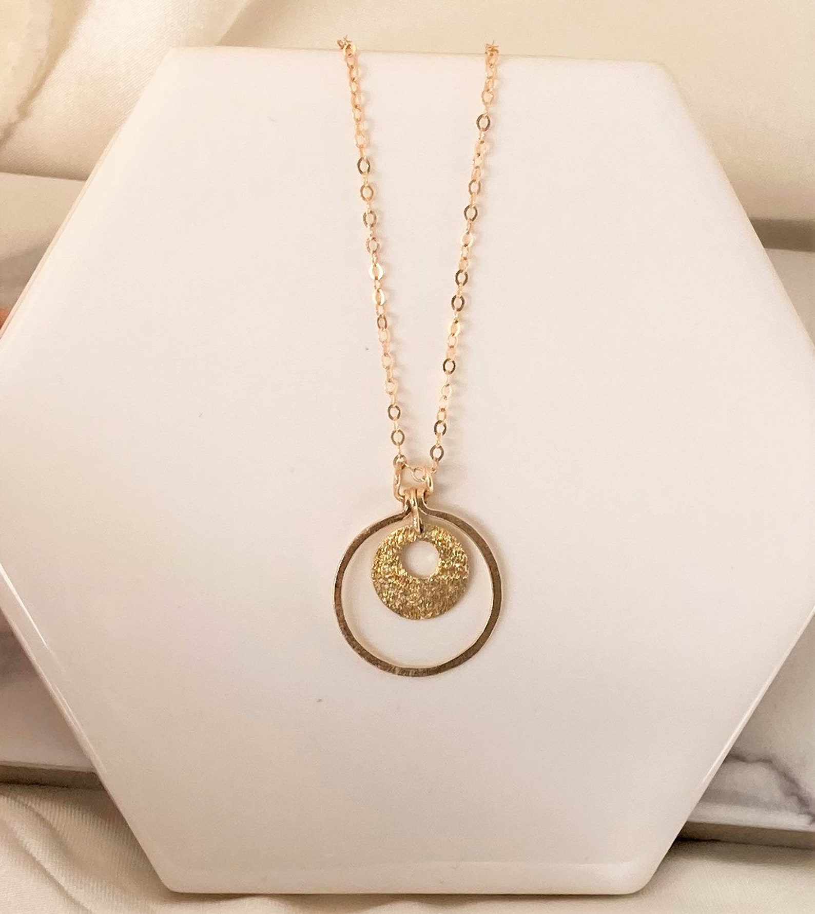 Gold Hammered Open Circle Necklace With Disc/ Dainty Eternity Karma