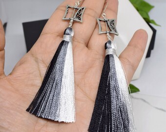 Black Gray white multi color silk tassel earrings, Square earrings,Long Boho Statement fringe earrings, Geometric earrings, Summer jewelry