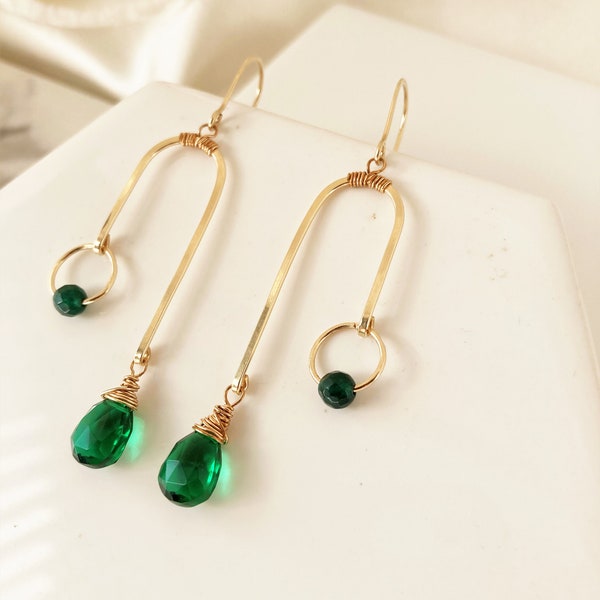 Emerald teardrop mobile Earrings  with circle, Modern Gold Arch dangle drop, Kinetic balance earrings , Unique statement  hypoallergenic