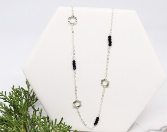 Black spinel beaded choker, Wrap bracelet,Gemstone bead bar necklace, daisy flower choker,Minimal delicate sterling silver layered necklace