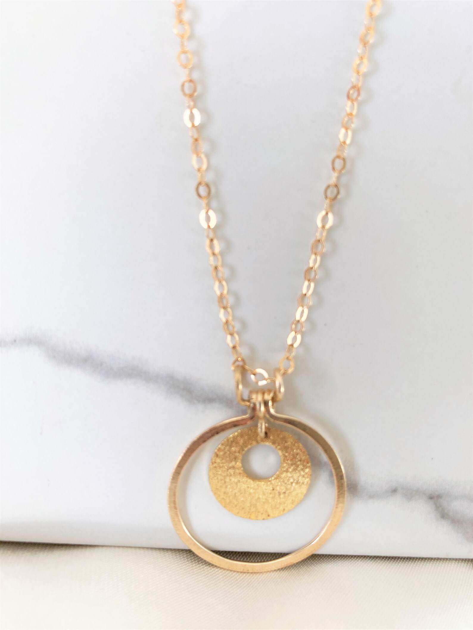 Gold Hammered Open Circle Necklace With Disc/ Dainty Eternity Karma