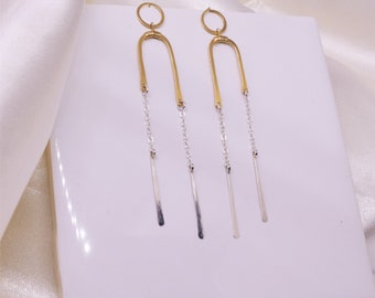 Gold filled Arch Earrings, Sterling silver bar stick, Mixed metal chain earrings, circle stud Mobile Modern Statement earrings, Holiday Gift