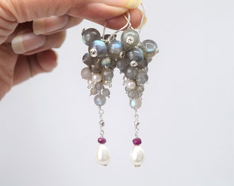 Blue Labradorite and Pearl Cluster Earrings, Sterling Silver Gemstone Cascading Earrings,Gray long Statement Earring,bridal bridesmaid gift