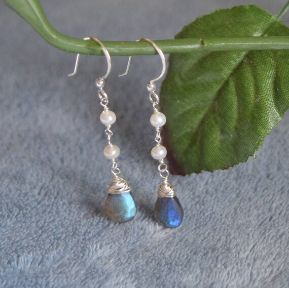 Labradorite Earrings Teardrop Shape Chain Drop Sterling Silver Labradorite Earrings Teardrop Shape Chain Drop Sterling Silver