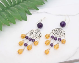 Yellow Citrine and purple Amethyst Gemstone chandelier earrings, Sterling silver Flower filigree earrings, Wire wrapped statement earrings