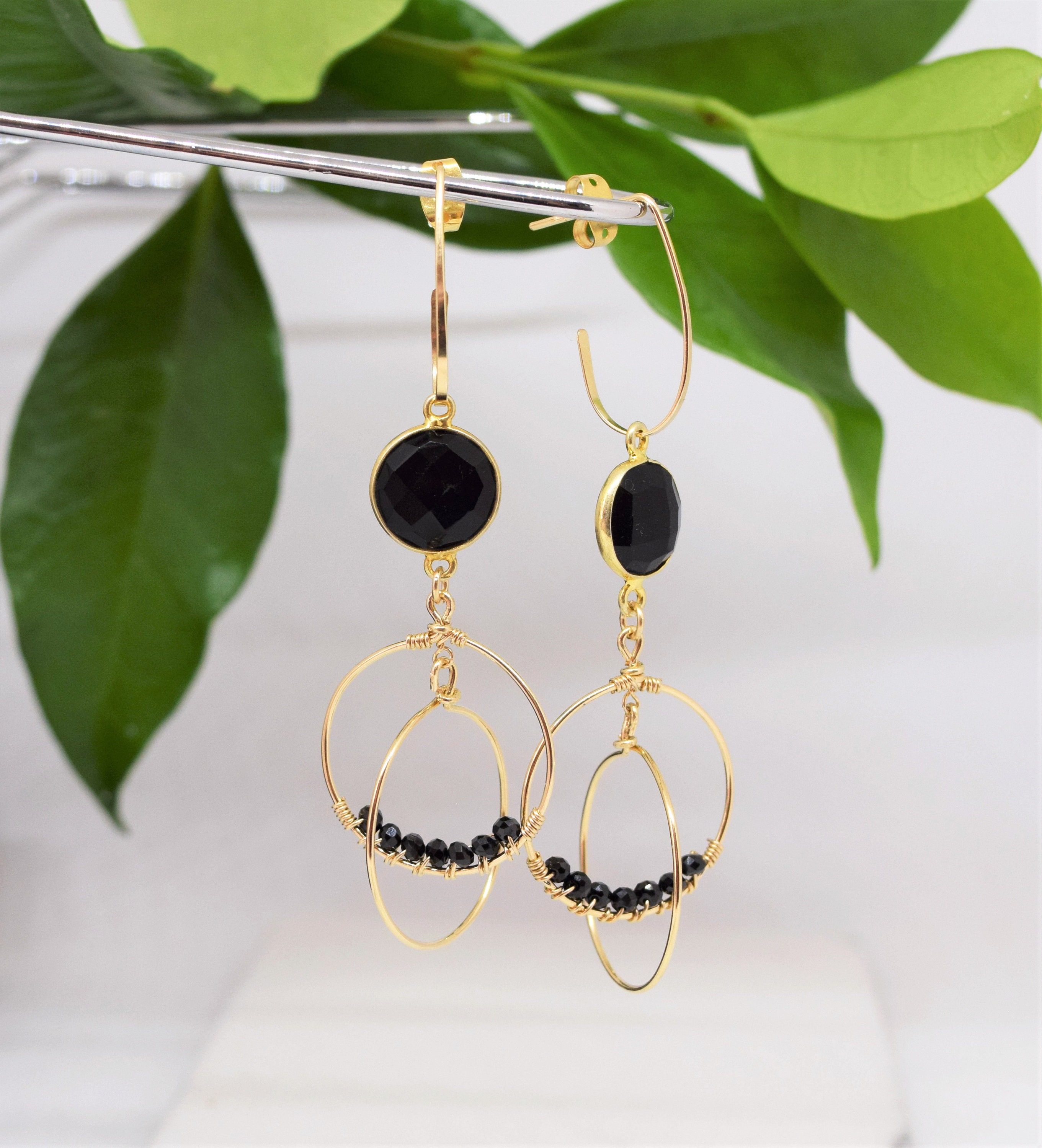 Gold Double Circle Hoop Earrings, Black Onyx and Spinel Wire Wrapped ...