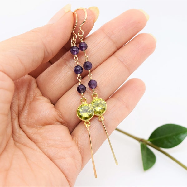 Amethyst chartreuse lemon quartz bezel gemstone earings, Gold-filled dangle Bar stick earrings, rosary style wire wrap, February birthstone