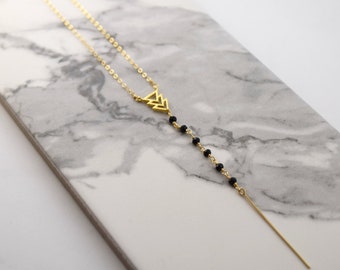 Three Triangles Necklace, Black Spinel beaded simple Lariat Y necklace, gemstone bar drop Necklace,Gold filled Geometric,Minimalist gift her