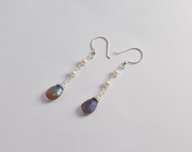 Blue Labradorite and Pearl Drop Earrings/ Teardrop Gemstone Dangle ...