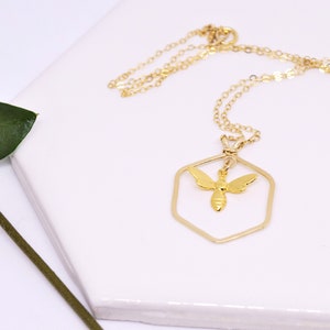 Gold Hexagon Necklace, Gold Bee charm Necklace, Geometric Necklace, Minimalist Layering Necklace,Spring summer jewelry Gift for best friend image 1