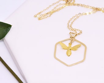 Gold Hexagon Necklace, Gold Bee charm Necklace, Geometric Necklace, Minimalist Layering Necklace,Spring summer jewelry Gift for best friend