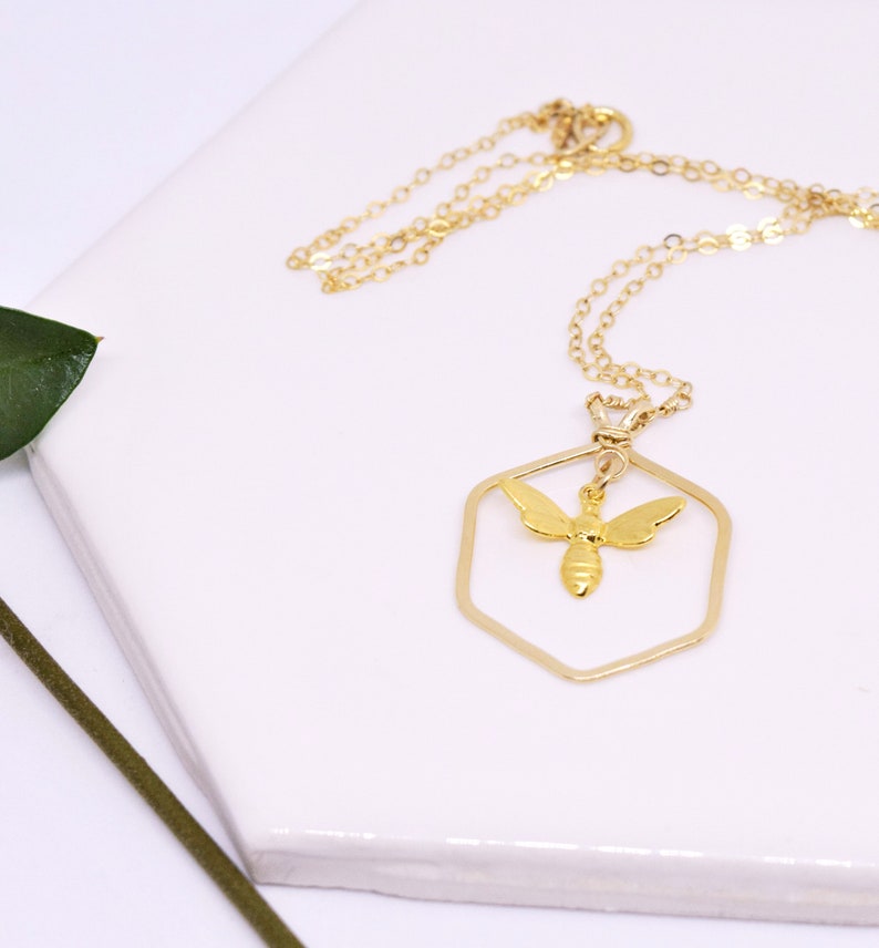 Gold Hexagon Necklace, Gold Bee charm Necklace, Geometric Necklace, Minimalist Layering Necklace,Spring summer jewelry Gift for best friend image 1