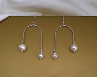 Large Arch mobile earrings, Freshwater Pearl Earrings, Modern silver dangle drop, Kinetic balance earrings, Unique statement jewelry gift