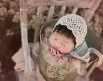 Maybel Bonnet, Newborn Knitting Pattern, Newborn Knitting Photography Prop Pattern, Lace Bonnet Pattern, Dainty newborn bonnet pattern