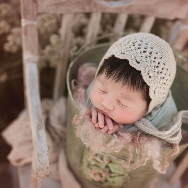 Maybel Bonnet, Newborn Knitting Pattern, Newborn Knitting Photography Prop Pattern, Lace Bonnet Pattern, Dainty newborn bonnet pattern