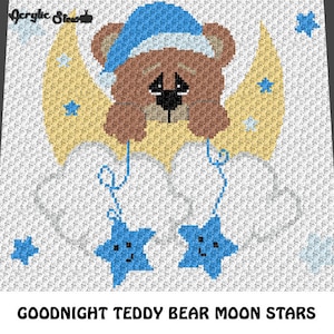Graphgan Pattern - Corner to Corner - C2C - SC - Blue Goodnight Teddy Bear Moon and Stars Baby Blanket Afghan Crochet Pattern Graphgan Chart