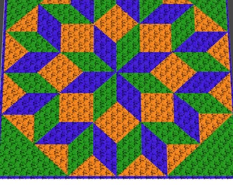 Graphgan Pattern - Corner to Corner - C2C - Tri-Color Trimmed Blue Green Orange Carpenter Wheel Blanket Afghan Crochet Graphgan Chart