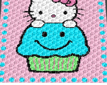 Graphgan Pattern - Corner to Corner - C2C - SC - Cute Kitty Sitting on a Cupcake Kawaii Blanket Afghan Crochet Graphgan Graph Pattern Chart