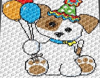 Baby Graphgan Pattern - Corner to Corner - C2C - Puppy Dog With Party Hat and Balloons Blanket Afghan Crochet Graphgan Pattern Chart