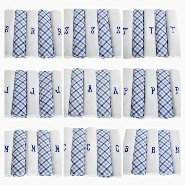 Mens Handkerchiefs Pack of 5 Mens Initial Embroidered White Handkerchiefs with Satin Border Gift
