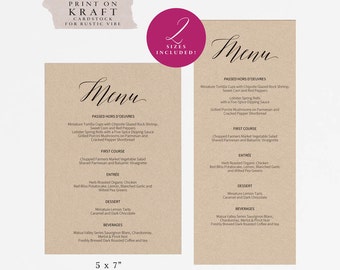 rustic printable wedding menu template kraft menu cards menu etsy