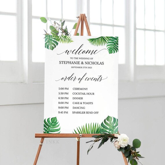 tropical printable order of events welcome sign template wedding signage event sign custom wedding sign editable pdf instant download e027 out of order sign template